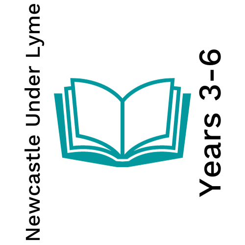 Teal coloured image of open book + Newcastle Under Lyme School years 306